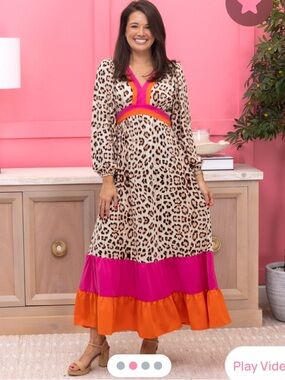 Leopard Print Maxi Dress with Pink & Orange Trim